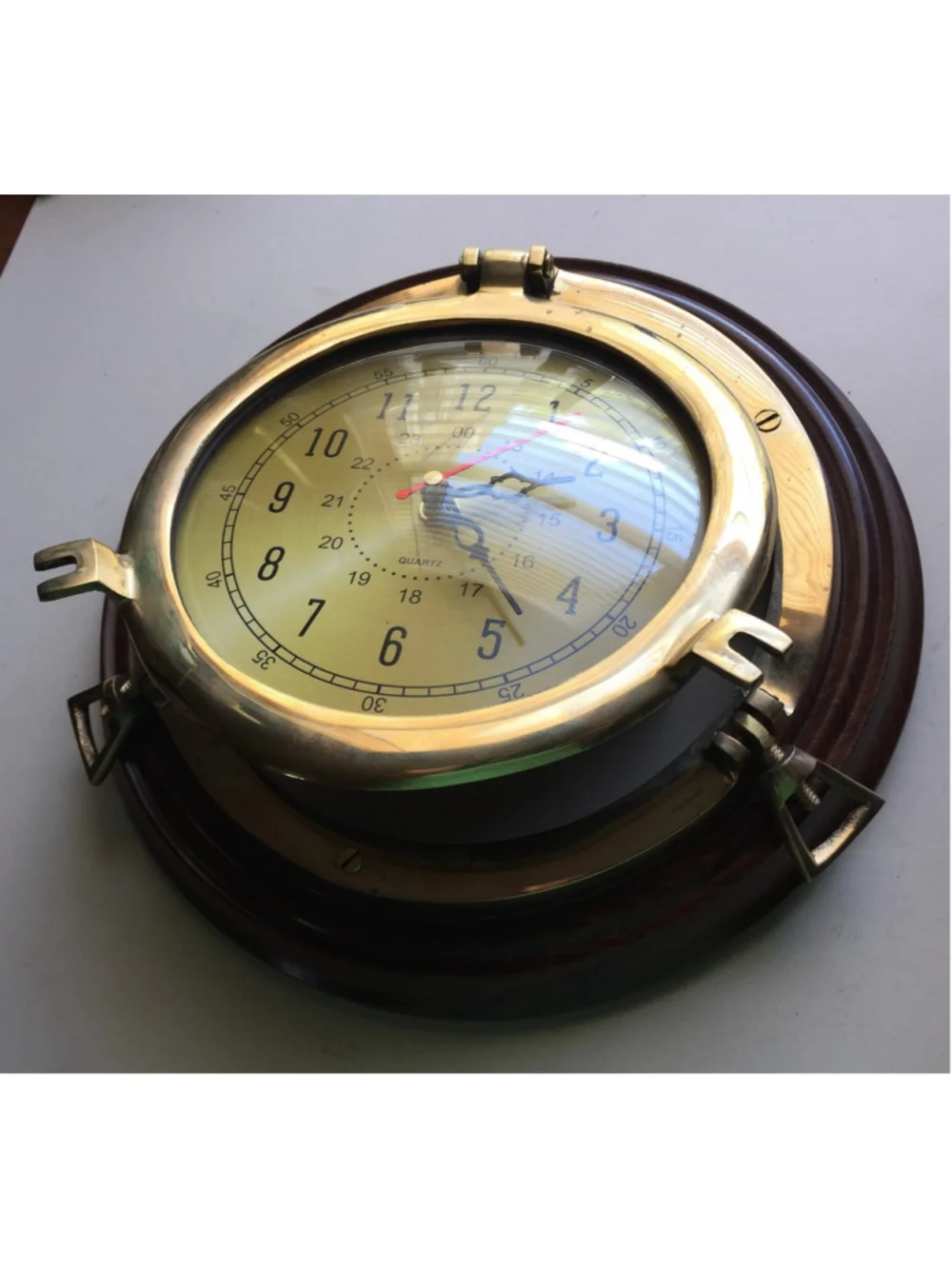 Nautical Ship’s Clock Porthole Look Brass & dark wood 10 Inch Working
